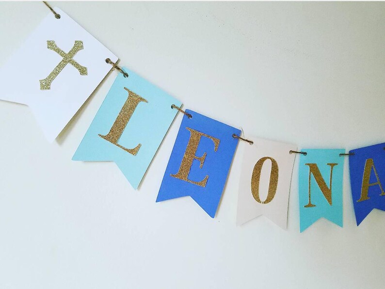 Baptism banner,God bless banner,christening banner,first communion banner,confirmation banner,baptism decor,christening decor,blue and gold