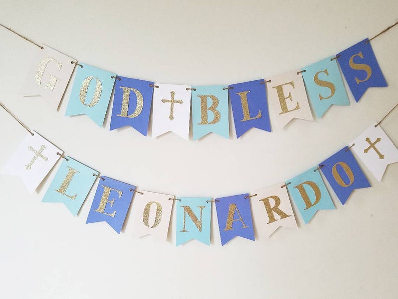 Baptism banner,God bless banner,christening banner,first communion banner,confirmation banner,baptism decor,christening decor,blue and gold