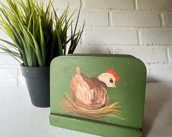 Vintage Farmhouse Handpainted Hen Napkin Holder. Hand Painted Chicken Napkin Holder. Hand Made Painted Wooden Rooster Napkin Holder.