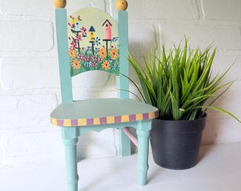 Vintage Garden Flower Pot Chair. Hand Painted Chair.  Folk Art Painted Child Chair. Doll Chair.
