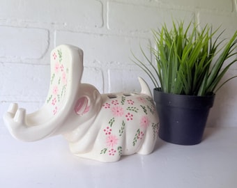 Vintage Floral Handpainted Hippo Display Holder. Hippopotamus Floral Handsoap Toothbrush Display Holder. Pencil Holder, Note Card Holder.
