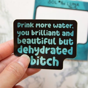 Könnte beinhalten: Ein schwarzer Aufkleber mit dem Text "Drink more water, you brilliant and beautiful but dehydrated bitch" in Türkis und Weiß. Im Hintergrund befindet sich eine türkisfarbene Karte mit weißem Raum.