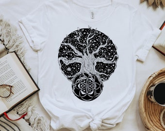 Tree of Life and Seed of Life Cotton T-Shirt - hand drawn, sacred geometry art shirts, comfy, oversized