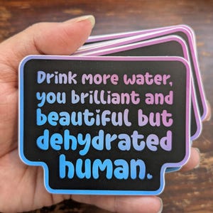 Könnte beinhalten: Ein Stapel schwarzer rechteckiger Aufkleber mit einem blau-violetten Farbverlauf. Der Aufklebertext lautet: "Drink more water, you brilliant and beautiful but dehydrated human."