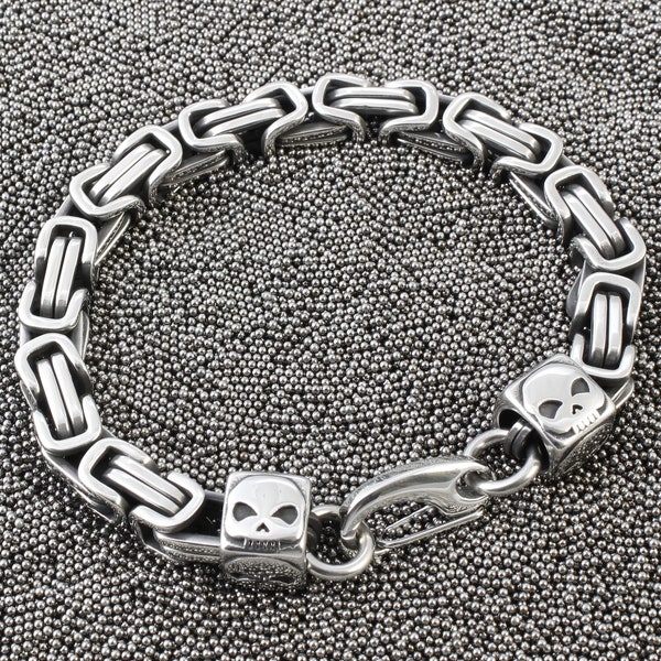 Schweres Armband aus Edelstahl, byzantinische Kette, Ø 7 mm, Schädel, Gliederarmband, Männer Schmuck, Herren, Biker, Harley, A26