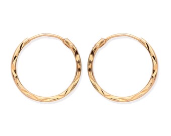 9ct Gold on Silver Diamond Cut Sleeper Hoop Earrings - 15mm