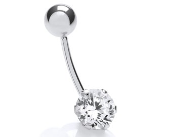 9ct White Gold 6mm Stone Set Belly Bar / Navel