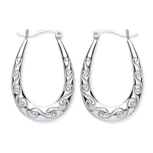 Sterling Silver Patterned Oval Creole Hoop Earrings