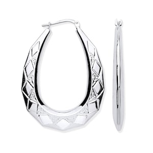 Sterling Silver Large Diamond Cut Patterned Oval Creole Hoop Earrings