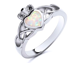 925 Sterling Silver Opal CLADDAGH Irish Celtic Ladies Heart Ring size J K L M N O P Q R S