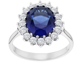 Sterling Silver Blue Sapphire Lady Diana Cluster Ring size J K L M N O P Q R S T U V