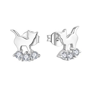 925 Sterling Silver CZ Cat Stud Earrings - Rhodium Overlay