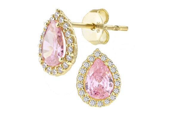 9ct Yellow Gold Pink Sapphire Teardrop Pear Cluster Stud Earrings