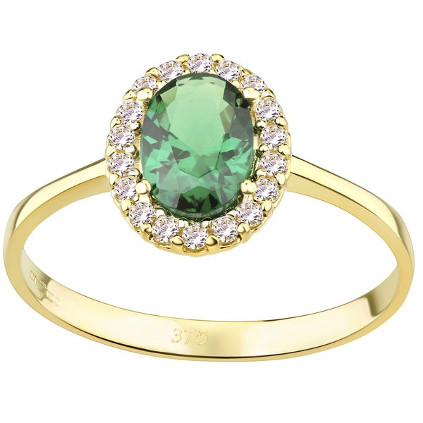 9ct Yellow Gold Emerald Oval Halo Cluster Ring size J K L M N O P Q R S