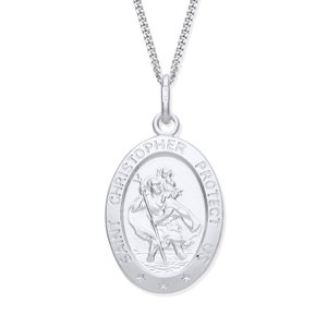 Sterling Silver Large Oval ST Christopher Pendant / Necklace - Choice of Chain