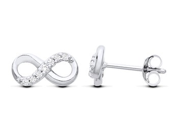 925 Sterling Silver Cubic Zirconia INFINITY Stud Earrings - RHODIUM Finish