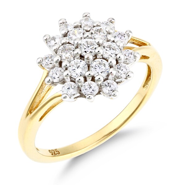 9ct Yellow Gold on Silver 1.00ct Sparkling Cluster Ring size J K L M N O P Q R S T U V