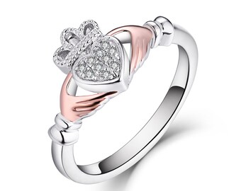 925 Sterling Silver & Rose Gold CZ Claddagh Irish Celtic Ring size J K L M N O P Q R S - Love Loyalty, Friendship - Rhodium Overlay