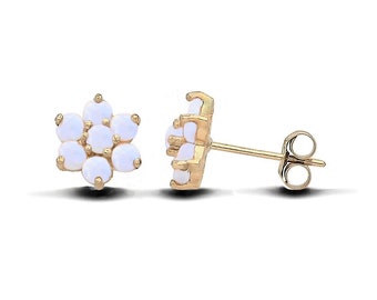 9ct Gold Natural Opal Cluster Stud Earrings - UK Made - Solid 9K Gold