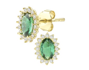 9ct Yellow Gold Emerald Oval Cluster Stud Earrings - 9mm x 7mm