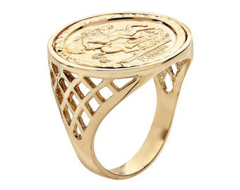 9ct Yellow Gold on Silver Sovereign Coin Ring - St George - Sizes M to  Z + 1
