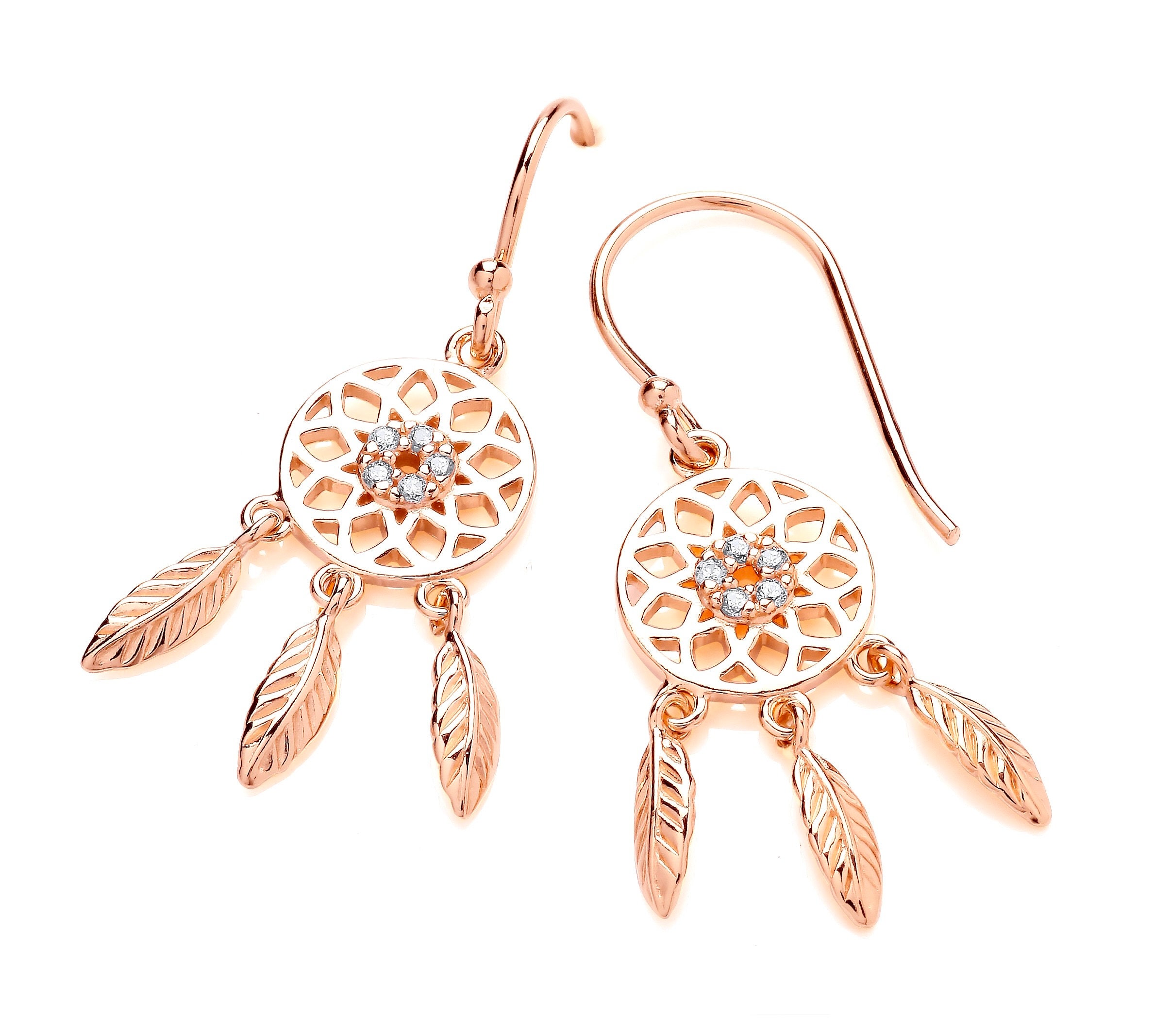 9ct Rose Gold on Silver Cubic Zirconia Dreamcatcher Hook Drop