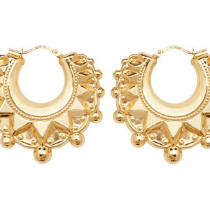 9ct Gold Spiked Victorian Style Creole Hoop Earrings For Women - Large Statement Hoops