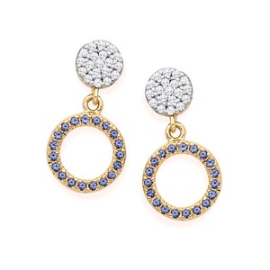 9ct Yellow Gold on Silver Blue Sapphire CZ Circle of Life Drop Stud Earrings