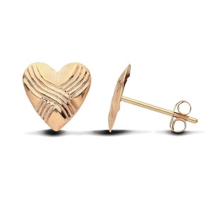 9ct Yellow Gold Patterned Heart Stud Earrings - UK Made