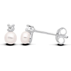 925 Sterling Silver Freshwater Pearl & CZ Double Stud Ladies Earrings