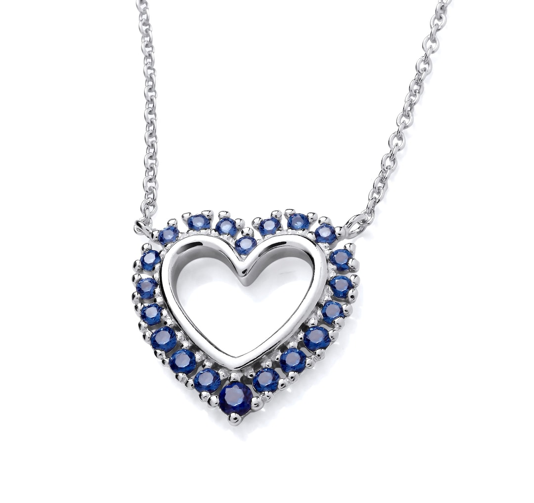925 Sterling Silver Blue Sapphire Cz Heart Pendant Necklace 18 - Etsy
