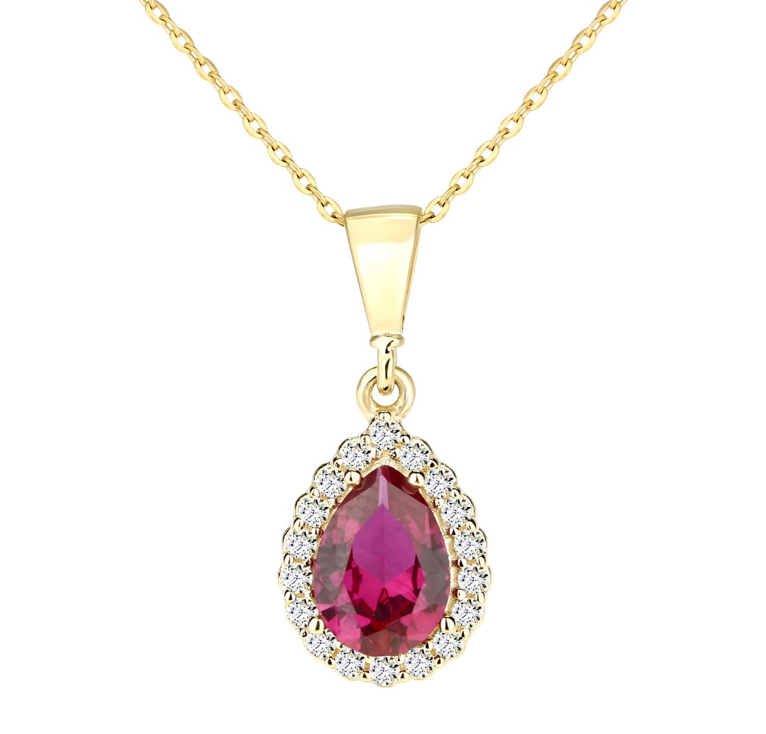 9ct Yellow Gold Ruby Teardrop Pendant Necklace 18 Inch Chain Etsy