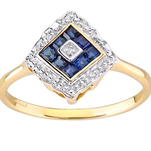 9ct Yellow Gold Blue Sapphire & Diamond Ring sizes J to S - ART DECO Design
