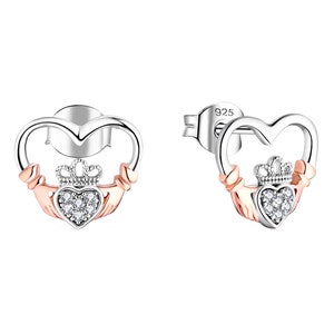 925 Sterling Silver & Rose Gold CZ CLADDAGH Stud Earrings - Irish Celtic- Love- Loyaly- Friendship