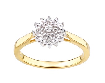 9ct Yellow Gold on Silver Real Diamond Cluster Ring sizes J - V