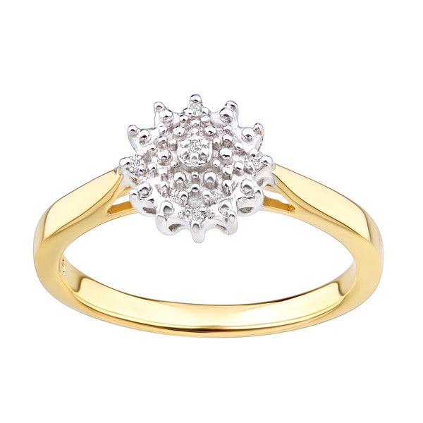 9ct Yellow Gold on Silver Real Diamond Cluster Ring sizes J - V