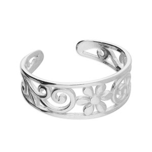 Sterling Silver Patterned Flower Adjustable Toe Ring