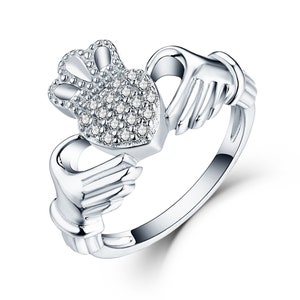 925 Sterling Silver Cz Claddagh Irish Celtic Chunky Ring size J K L M N O P Q R S ~ Love Loyalty & Freindship - Rhodium Overlay