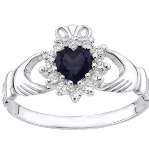 Sterling Silver Blue Sapphire Claddagh Ring - size J to U