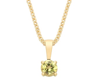 9ct Yellow Gold Natural Peridot Round Solitaire Pendant August Birthstone + 18" Chain Necklace