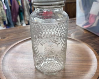 Vintage Old Judge Coffee Owl Embossed Quart Glass Jar Diamond Pattern