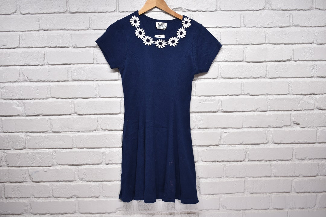 90s Oops Navy Embroidered Daisys Dress Size Xl Etsy