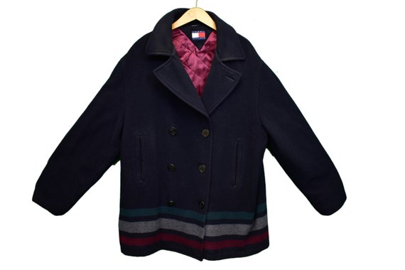 Vintage Tommy Hilfiger Striped Pea Coat Quilted Liner Size XL