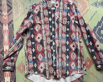 Vintage 90s Wrangler Brushpopper Aztec Southwestern Button Down Shirt Size XL