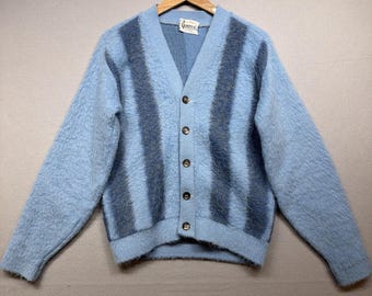 Vintage 60s Campus Mohair Blend Striped Blue Cardigan Sweater Size Small