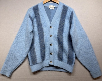 Vintage 60s Campus Mohair Blend Striped Blue Cardigan Sweater Size Small