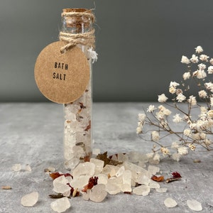 Relaxing lavender and rose scented bath salt in glass tube