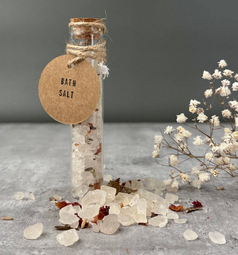 Relaxing lavender and rose scented bath salt in glass tube