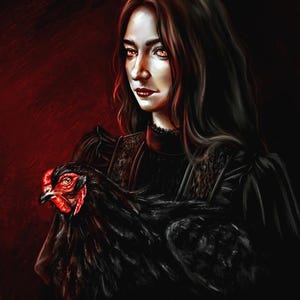 Dark Witch with Black Hen - Gothic Occult Art Print, Witchy Wall Decor