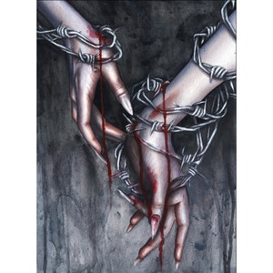 May include: Watercolour painting of two hands entwined, bound by barbed wire. Blood drips from the hands and wire, set against a dark grey backdrop. The nails are long and pointed.